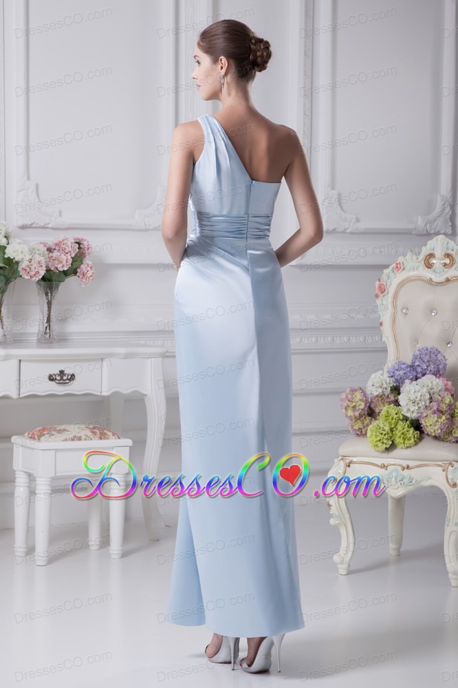 One Shoulder Light Blue Ruching Ankle-length Prom Dress