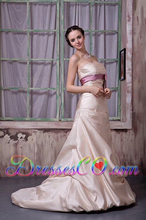 Elegant Champagne Prom Dress A-line / Princess Strapless Belt and Beading Satin Brush Train
