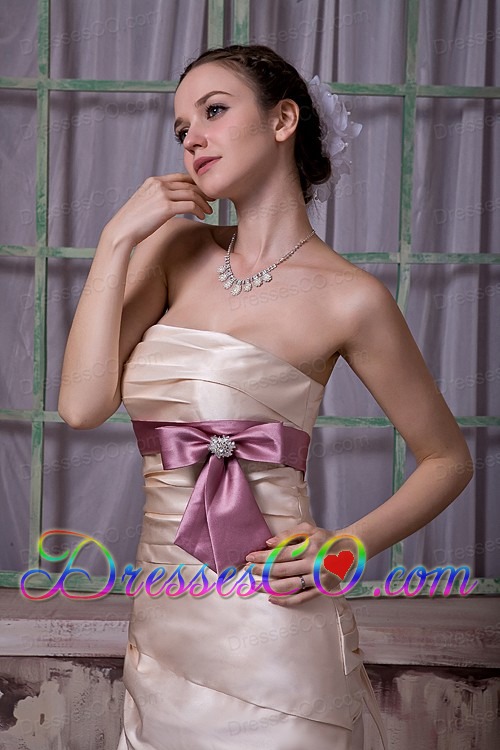 Elegant Champagne Prom Dress A-line / Princess Strapless Belt and Beading Satin Brush Train