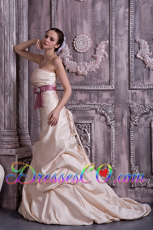 Modest Champagne Prom Dress A-line / Princess Strapless Belt and Beading Satin Brush Train