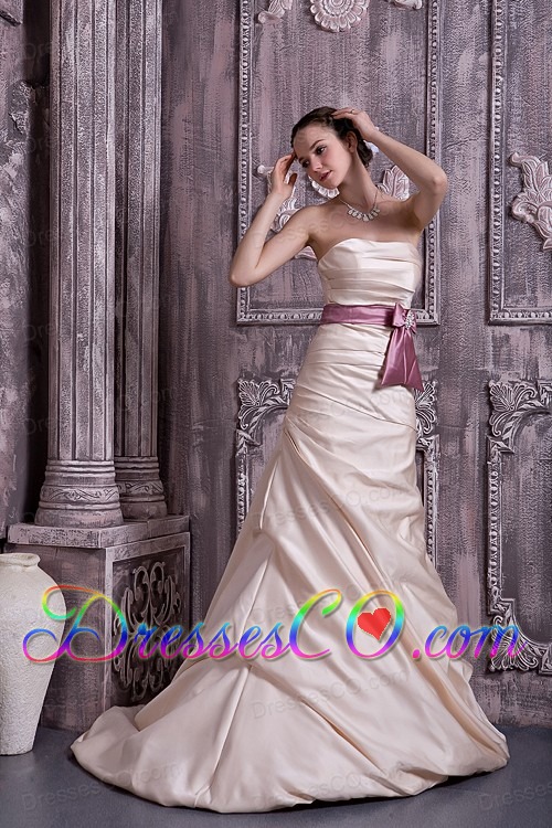 Modest Champagne Prom Dress A-line / Princess Strapless Belt and Beading Satin Brush Train