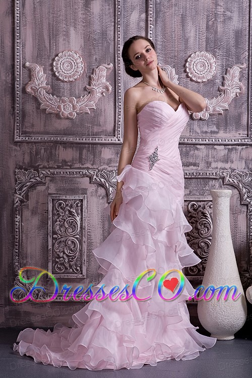 Baby Pink Prom Dress Column Brush Train Ruches and Beading Organza