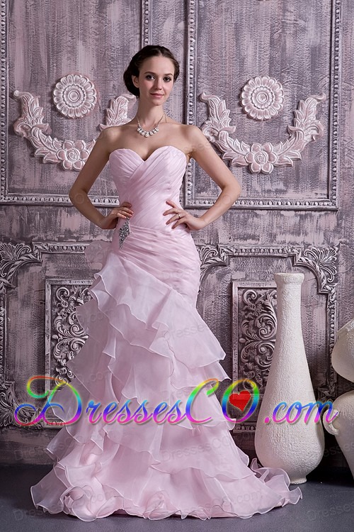 Baby Pink Prom Dress Column Brush Train Ruches and Beading Organza