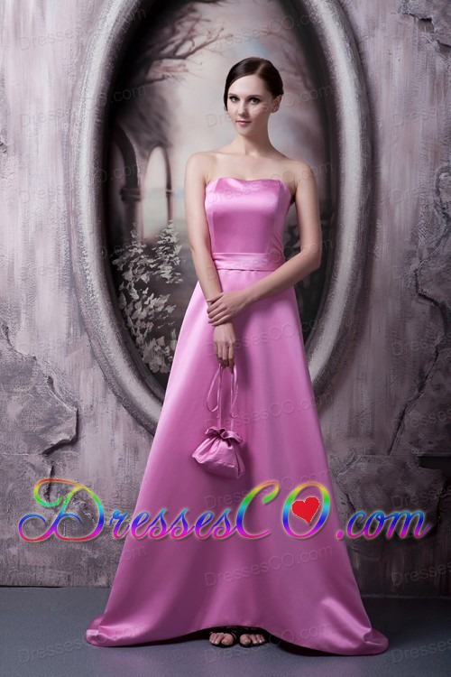Elegant Rose Pink Prom Dress A-line / Princess Strapless Satin Bow Brush Train