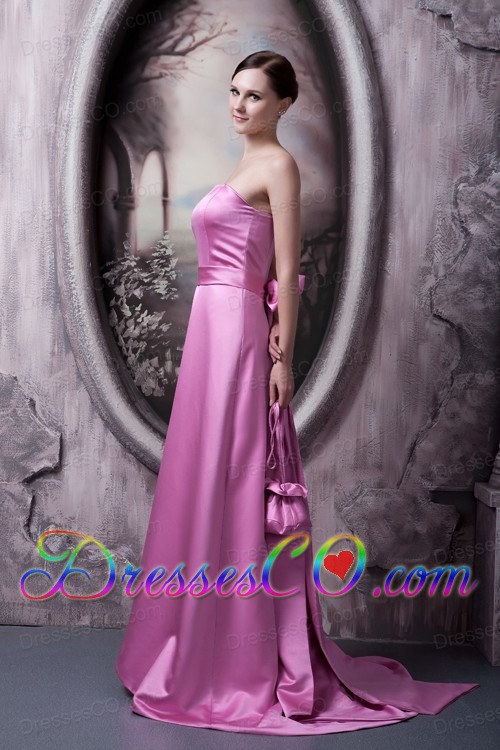 Elegant Rose Pink Prom Dress A-line / Princess Strapless Satin Bow Brush Train