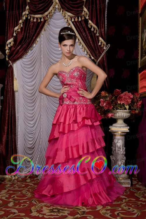 Hot Pink Prom / Evening Dress A-line Taffeta and Tulle Beading Brush Train