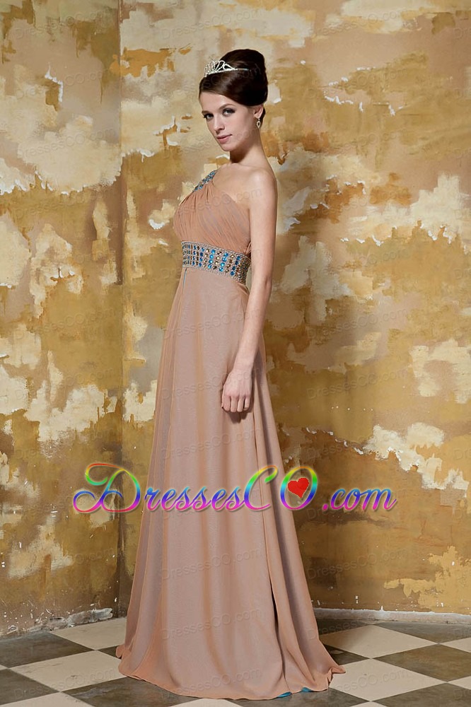 Brown Column One Shoulder Long Chiffon Beading Prom Dress