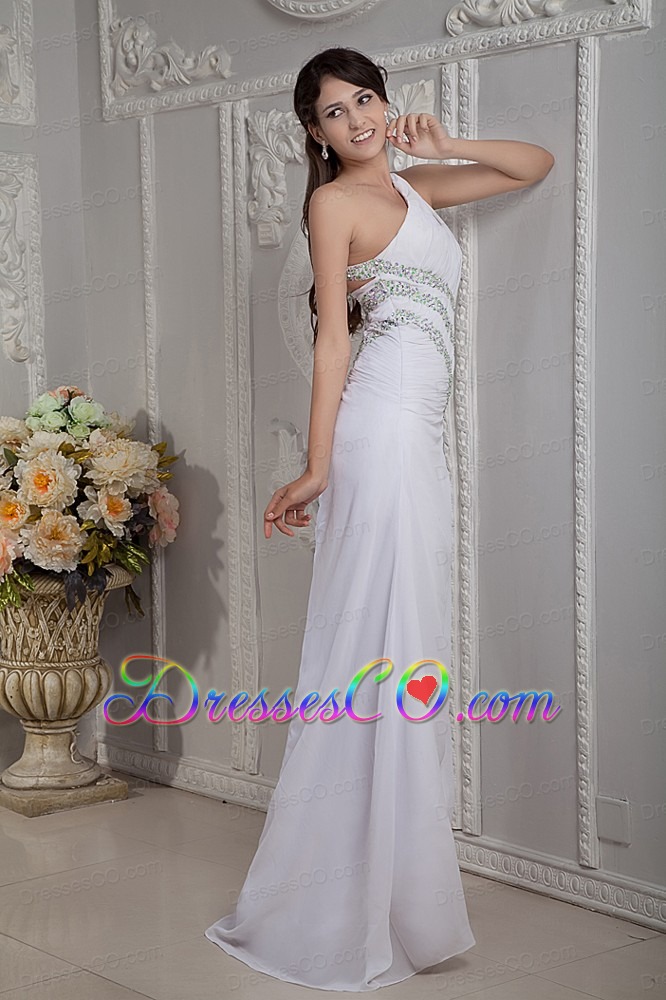 Modern White Column Prom Dress One Shoulder Beading Brush Train Chiffon