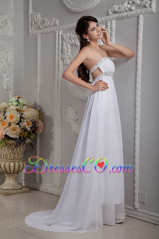 Pretty White Prom Dress Column Strapless Chiffon Beading Brush Train