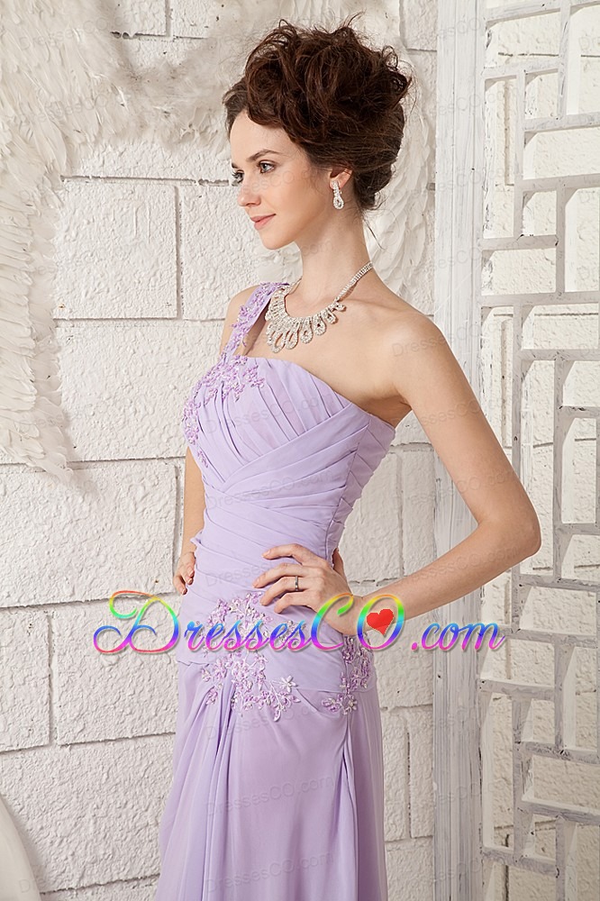 Customize Lavender Empire One Shoulder Prom Dress Chiffon Appliques Brush Train