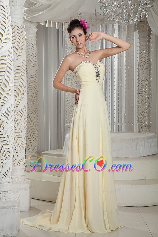 Light Yellow Prom Dress Empire Chiffon Beading Brush Train