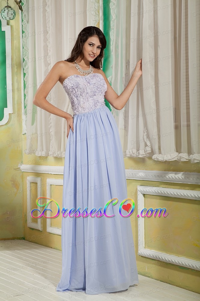 Lilac Empire Strapless Long Chiffon Rolling Flower Prom Dress