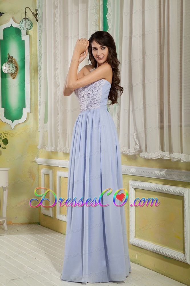 Lilac Empire Strapless Long Chiffon Rolling Flower Prom Dress