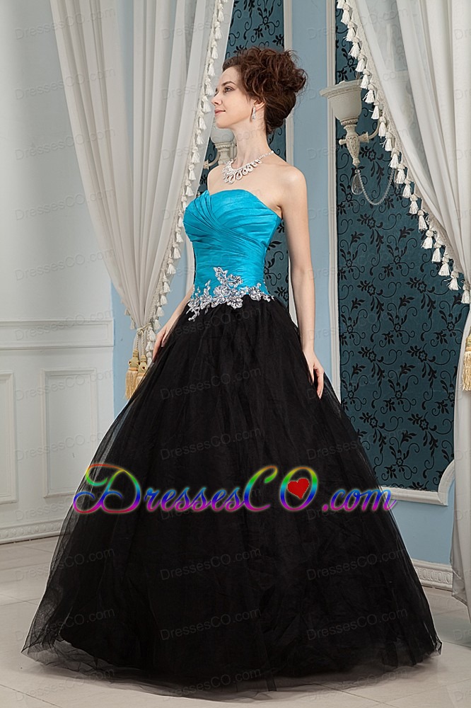 Inexpensive Blue And Black Prom Dress A-line Beading Long Organza And Tulle