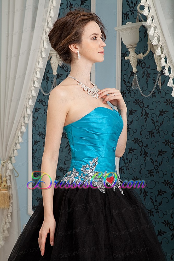 Inexpensive Blue And Black Prom Dress A-line Beading Long Organza And Tulle