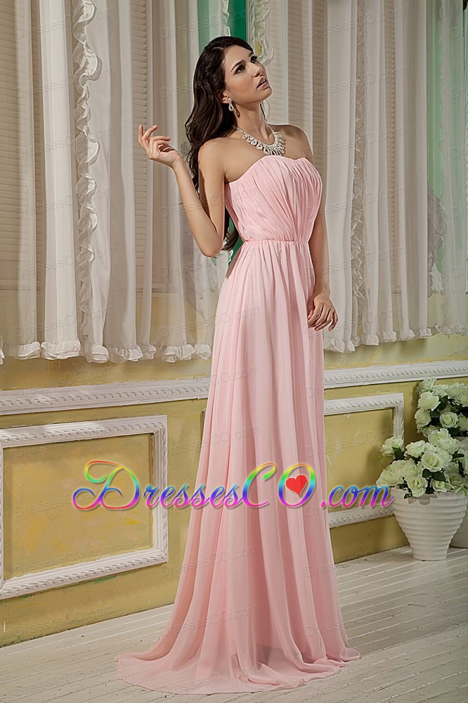 Pretty Baby Pink Prom Dress Empire Strapless Chiffon Ruching Brush Train