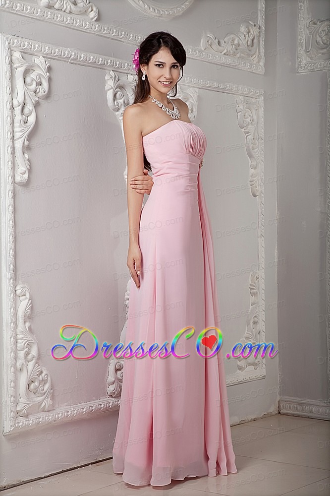 Cheap Baby Pink Prom Dress Empire Strapless Chiffon Beading Long