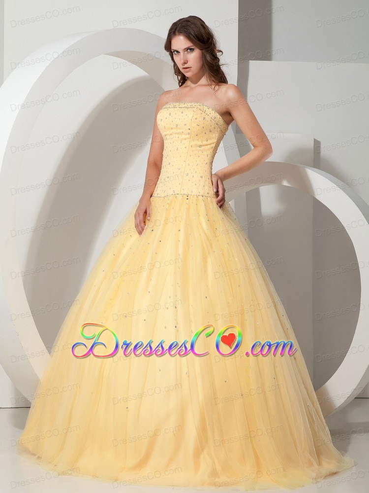 Light Yellow Ball Gown Strapless Long Tulle Beading Quinceanera Dress