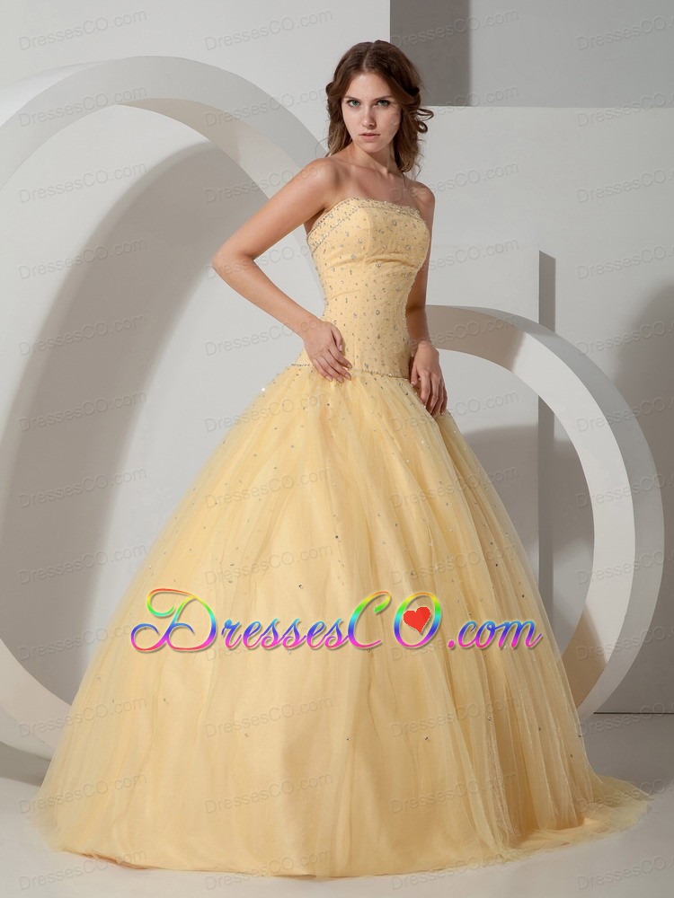 Light Yellow Ball Gown Strapless Long Tulle Beading Quinceanera Dress
