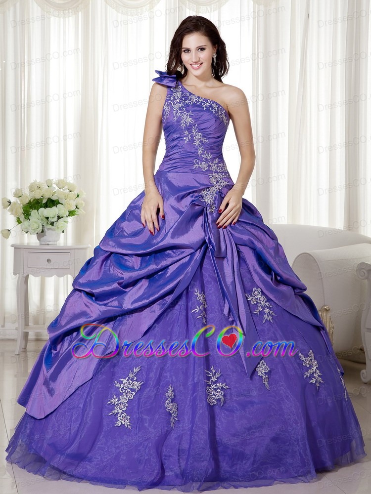 Purple Ball Gown One Shoulder Long Taffeta And Organza Appliques Quinceanera Dress