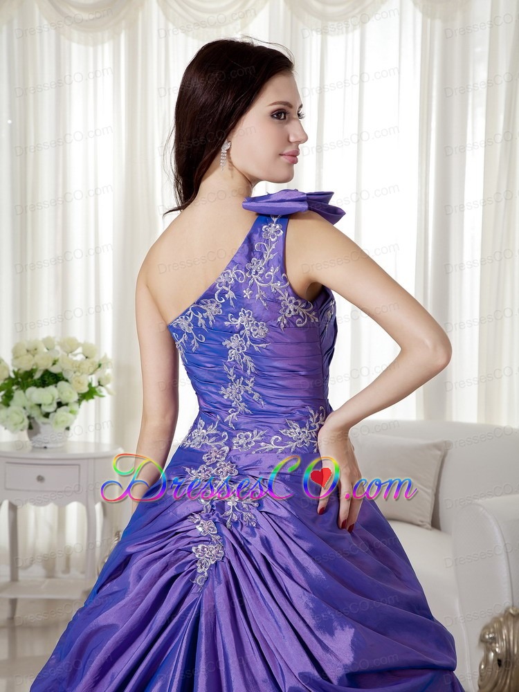 Purple Ball Gown One Shoulder Long Taffeta And Organza Appliques Quinceanera Dress