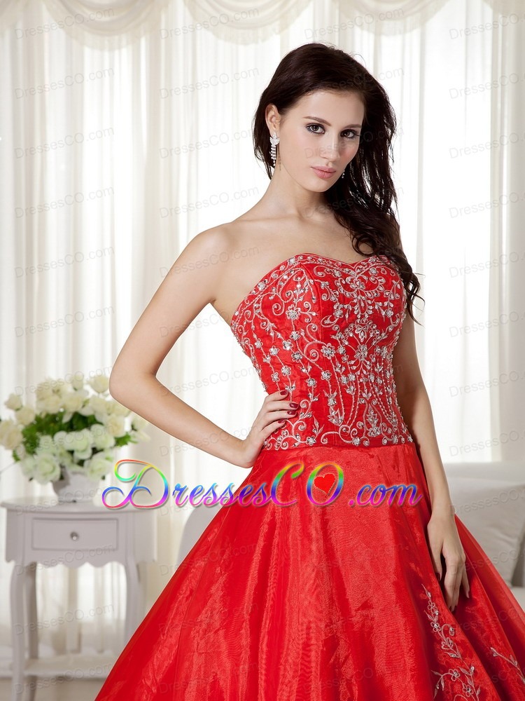 Red Ball Gown Long Organza Beading And Embroidery Quinceanera Dress
