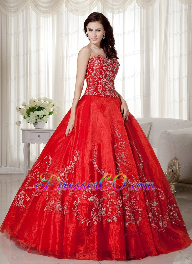 Red Ball Gown Long Organza Beading And Embroidery Quinceanera Dress