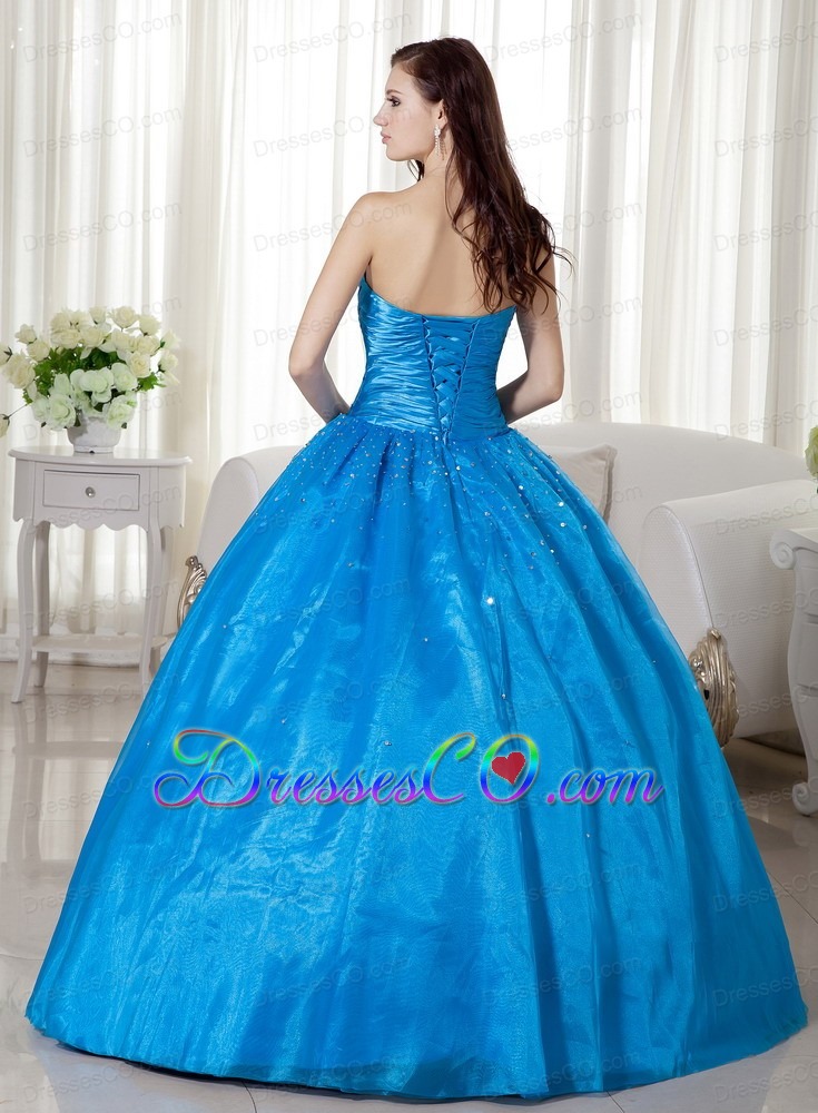 Blue Ball Gown Strapless Long Taffeta Beading Quinceanera Dress