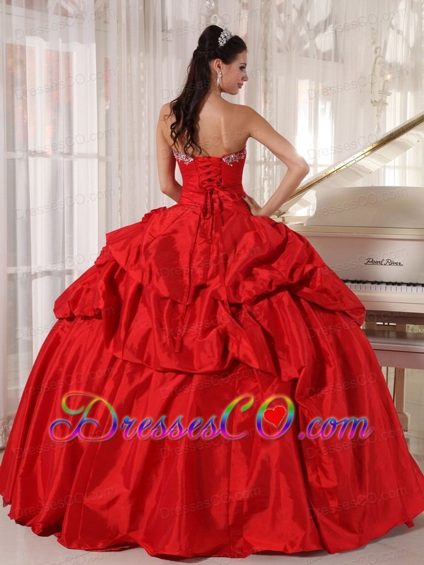 Red Ball Gown Long Taffeta Beading Quinceanera Dress