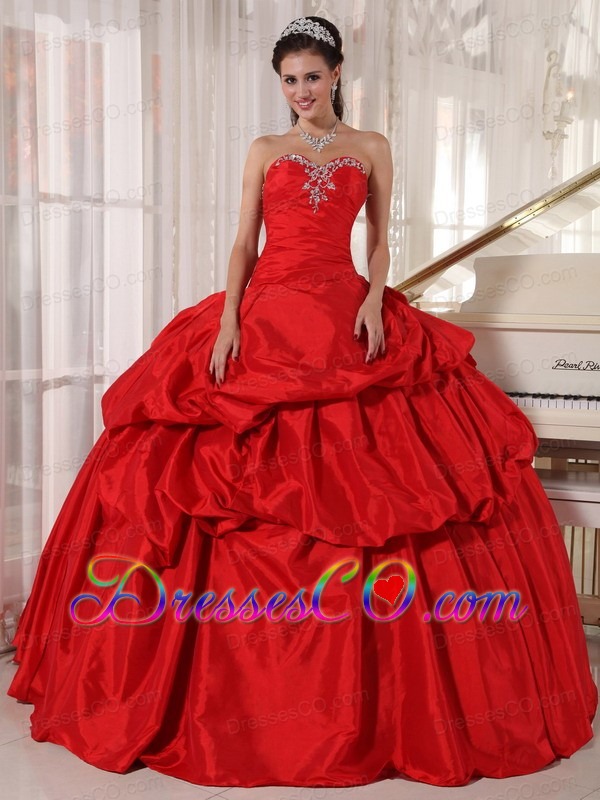 Red Ball Gown Long Taffeta Beading Quinceanera Dress