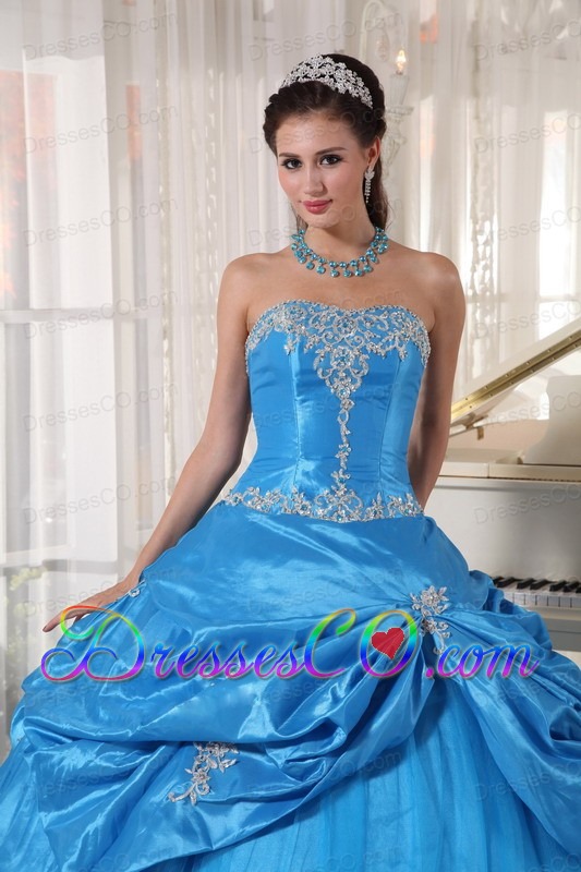 Blue Ball Gown Strapless Long Taffeta And Tulle Appliques Quinceanera Dress