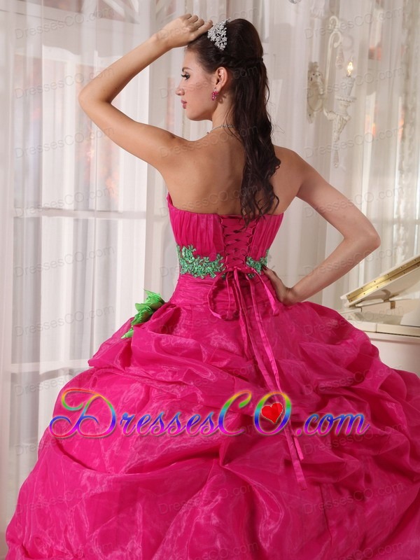 Hot Pink Ball Gown Long Organza Appliques Quinceanera Dress