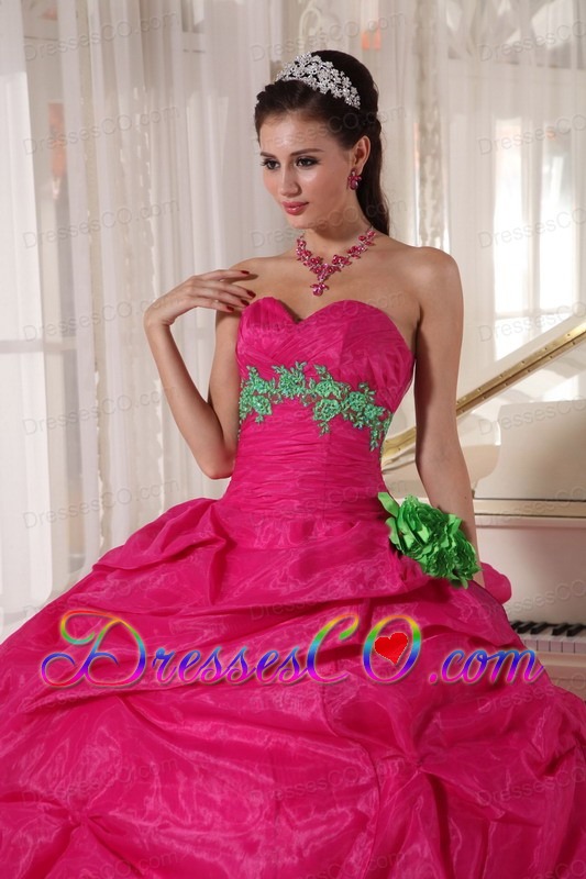 Hot Pink Ball Gown Long Organza Appliques Quinceanera Dress