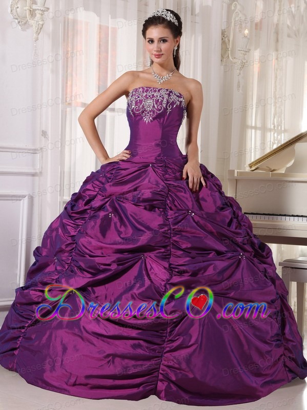 Purple Ball Gown Strapless Long Taffeta Embroidery Quinceanera Dress