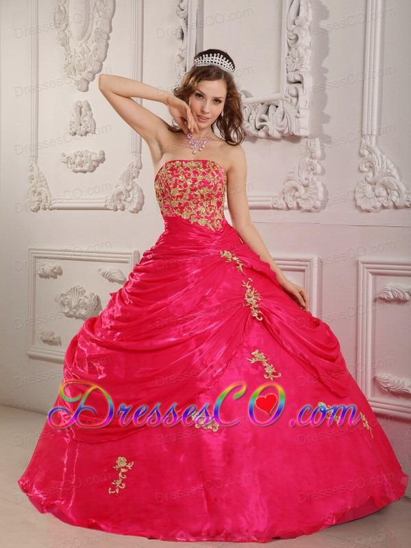 Hot Pink Ball Gown Strapless Long Organza Appliques Quinceanera Dress