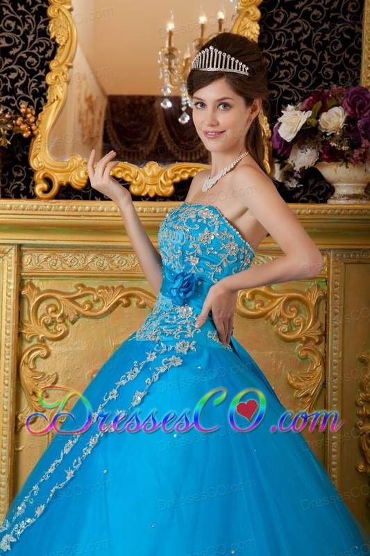 Teal Ball Gown Strapless Long Tulle Lace Appliques Quinceanera Dress
