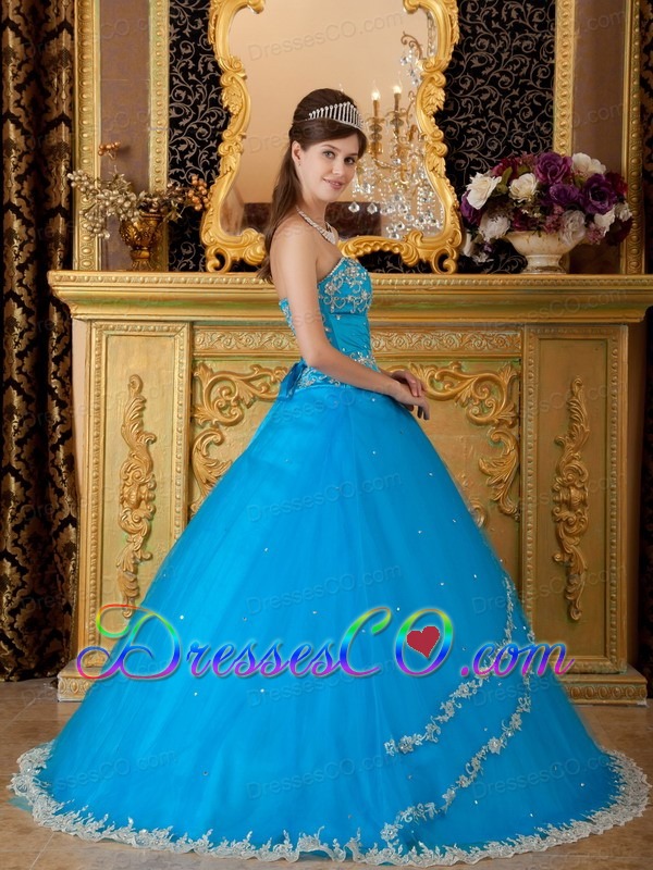 Teal Ball Gown Strapless Long Tulle Lace Appliques Quinceanera Dress