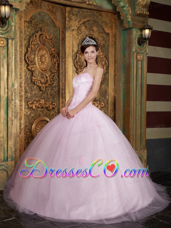 Baby Pink Ball Gown Long Tulle Appliques Quinceanera Dress