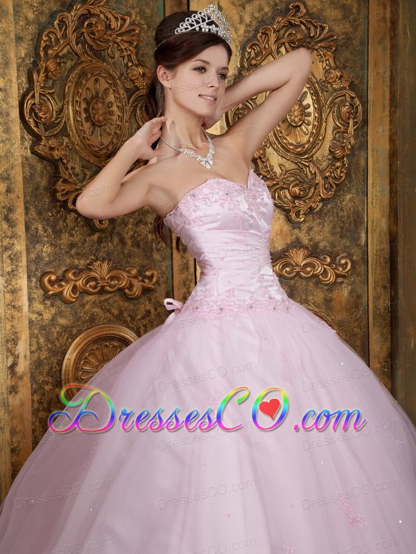 Baby Pink Ball Gown Long Tulle Appliques Quinceanera Dress