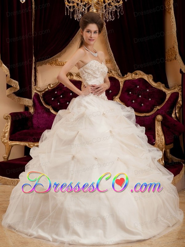 Ivory Ball Gown Long Satin And Organza Embroidery Quinceanera Dress