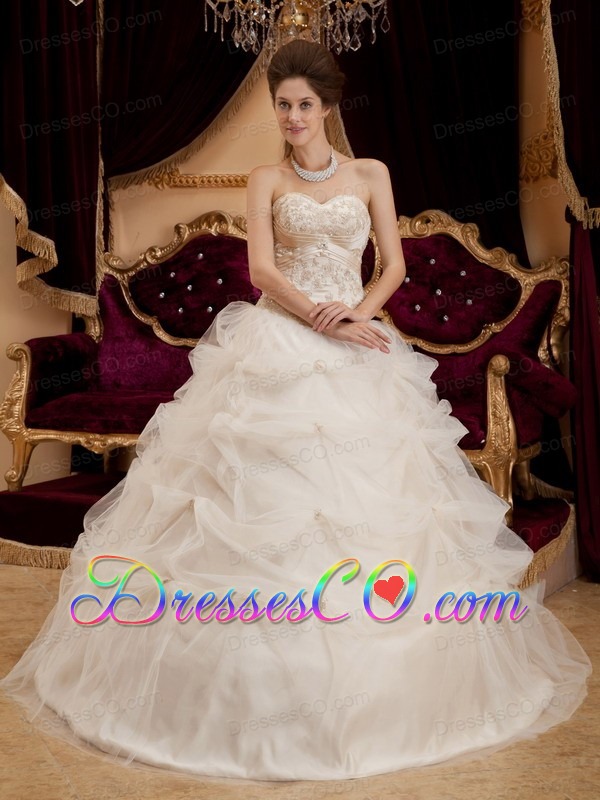 Ivory Ball Gown Long Satin And Organza Embroidery Quinceanera Dress