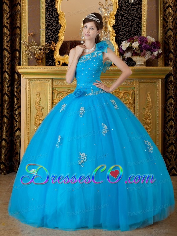 Teal Ball Gown One Shoulder Long Tulle Appliques Quinceanera Dress