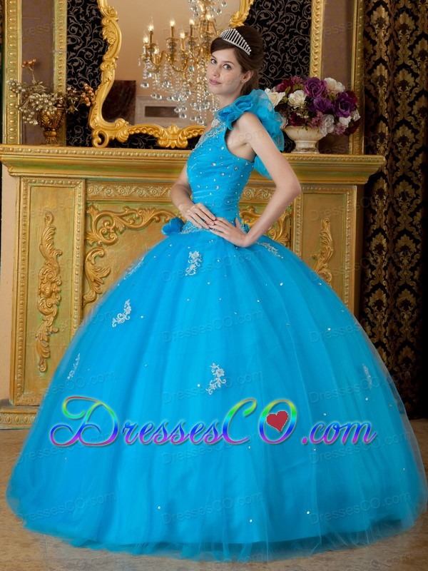 Teal Ball Gown One Shoulder Long Tulle Appliques Quinceanera Dress