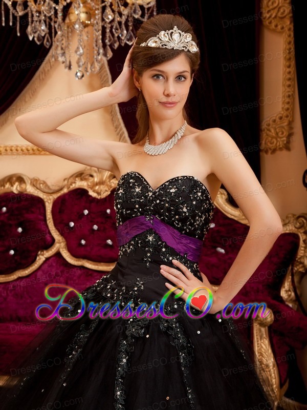 Black Ball Gown Long Tulle Appliques Quinceanera Dress