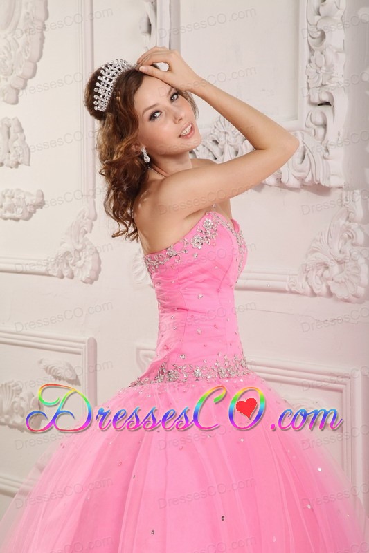 Lovely Ball Gown Long Tulle Appliques Rose Pink Quinceanera Dress