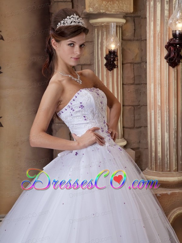 White Ball Gown Strapless Long Satin And Tulle Embroidery Quinceanera Dress