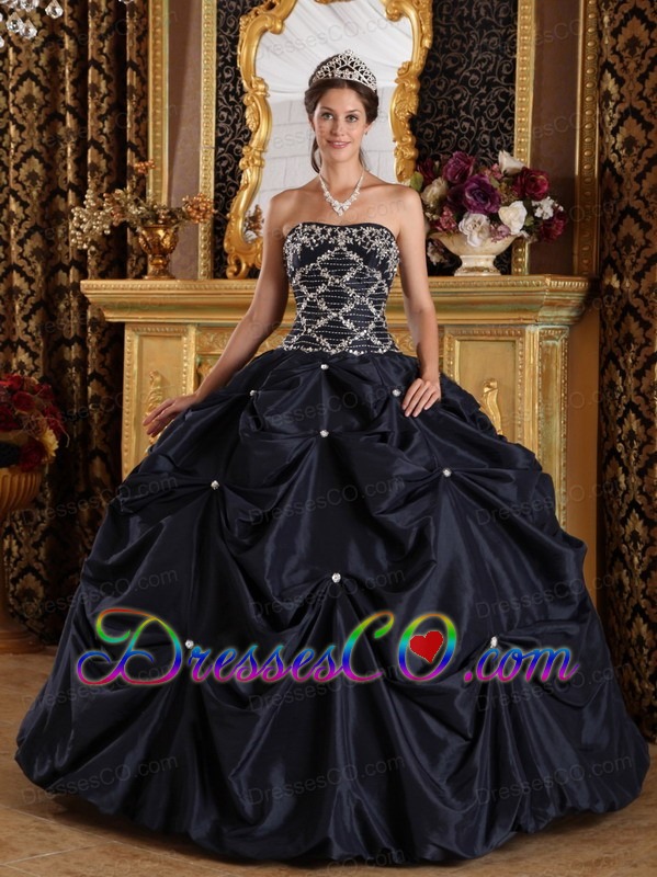 Black Ball Gown Strapless Long Beading Taffeta Quinceanera Dress