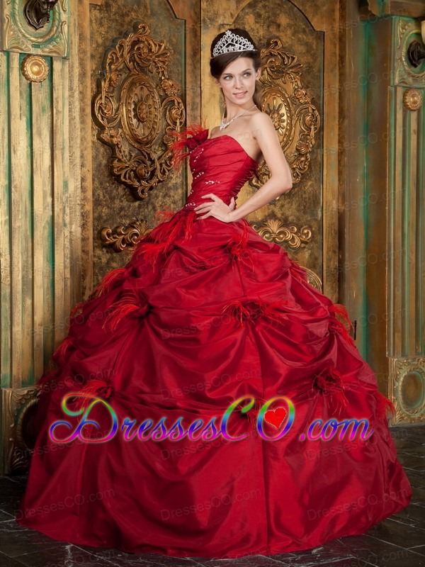Red Ball Gown Strapless Long Taffeta Hand Made Flowers Quinceanera Dress