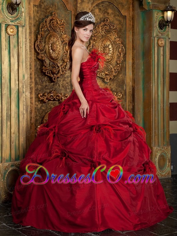 Red Ball Gown Strapless Long Taffeta Hand Made Flowers Quinceanera Dress