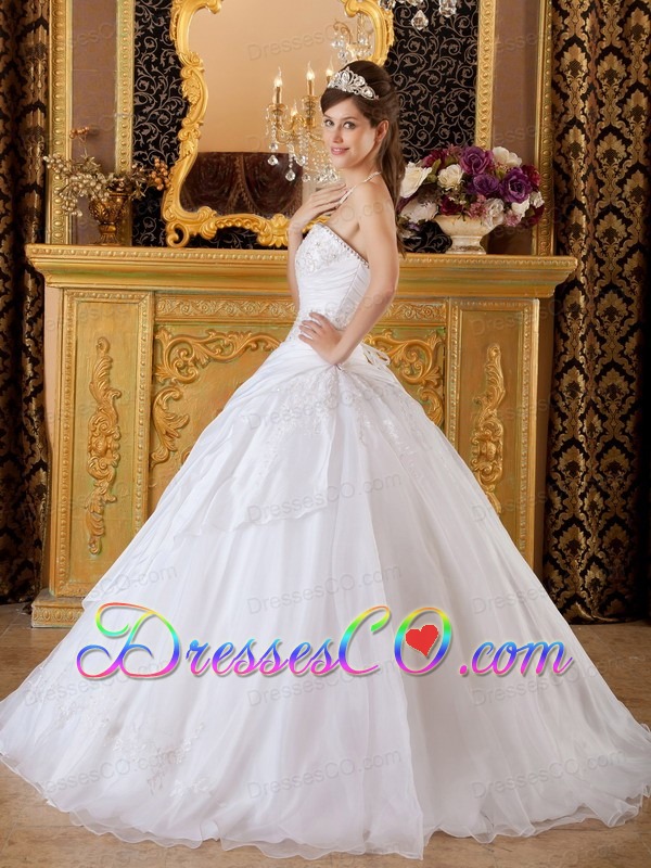 White Ball Gown Strapless Long Taffteta And Tulle Appliques Quinceanera Dress